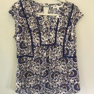 Blue Floral Blouse with Blush Pink Accents